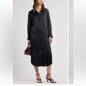 EUC Nordstrom Long Sleeve Satin Midi Shirtdress // XL // Navy Night